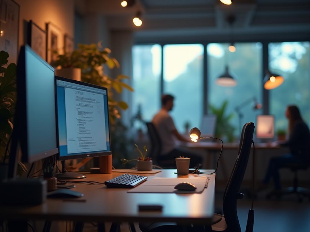 Creative workspace with computers and design tools, representing digital media production